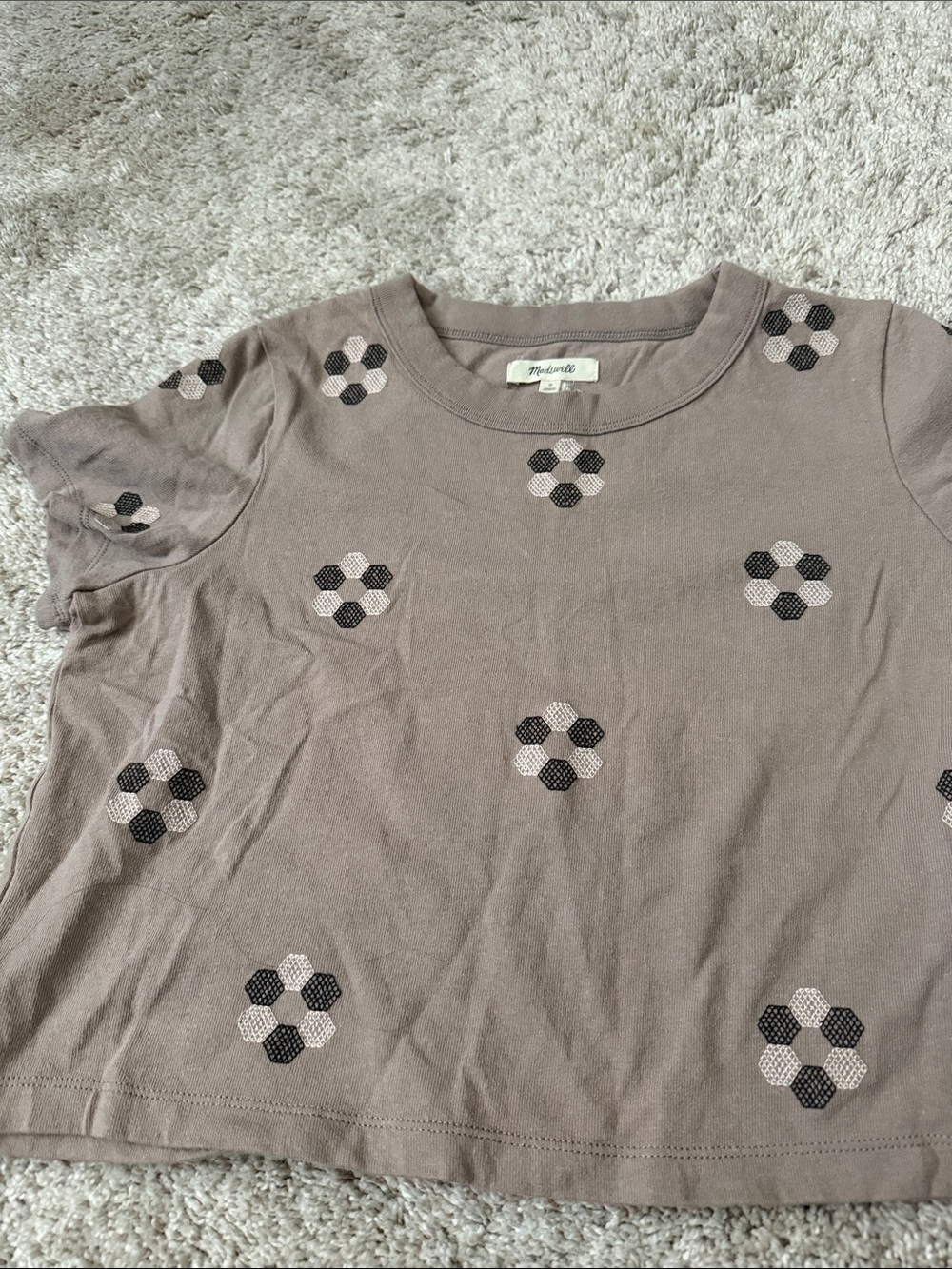 Madewell Taupe Short-Sleeve Tee with Black and Light Taupe Floral Embroidery